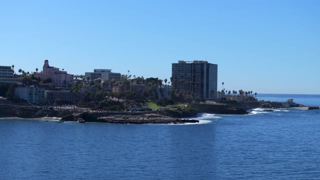 Low aerial view of the cliffs, the surf and palm trees at La Jolla Cove.