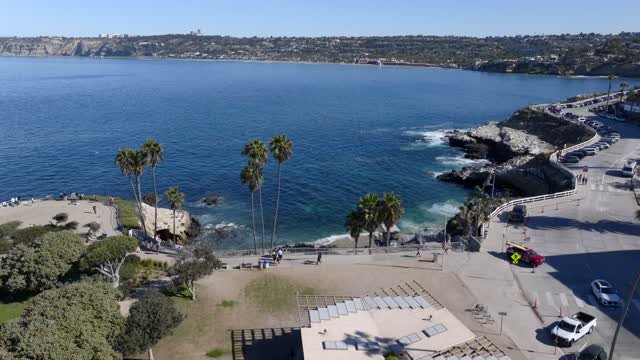 Low aerial view of the cliffs, palm trees and the ocean at La Jolla Cove, with people walking.
