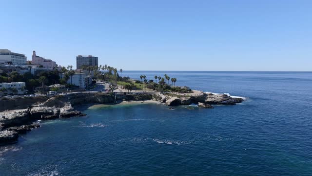 Low aerial view of the cliffs, palm trees and the ocean at La Jolla Cove.