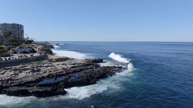 Low aerial view of the beach, the surf and wildlife at La Jolla Cove, with people walking.