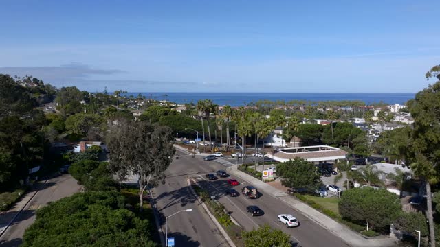 Low aerial view of a residential street, palm trees and the ocean at La Jolla Shores, with people walking.