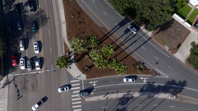 Aerial view of the downtown streets, palm trees and traffic at La Jolla Shores.