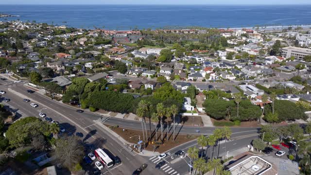 Aerial view of a residential street, palm trees and the ocean at La Jolla Shores.