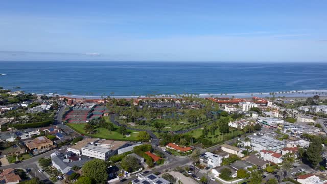 Aerial view of a residential street, palm trees and the ocean at La Jolla Shores.