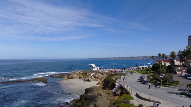 Low aerial view of the cliffs, palm trees and the ocean at La Jolla Shores, with people walking.