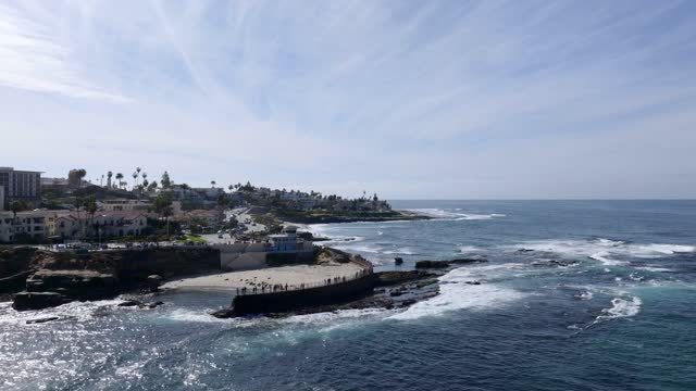 Aerial view of the cliffs, the surf and palm trees at La Jolla Shores, with a crowd gathered.