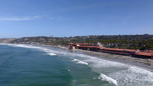 Low aerial view of the beach, the surf and palm trees at La Jolla Shores.