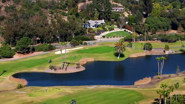 Aerial view of the country inland, palm trees and homes in Rancho Santa Fe.