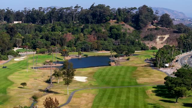 Aerial view of the country inland, traffic and open country in Rancho Santa Fe.