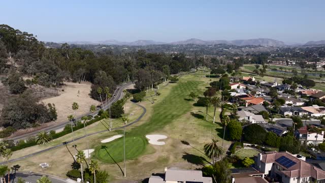 Aerial view of the country inland, palm trees and homes in Rancho Santa Fe.