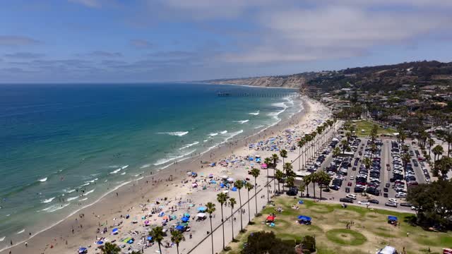 Aerial footage of a beach day at La Jolla Shores with crowds enjoying the sun | Drone Video