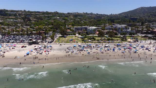 Aerial footage of a beach day at La Jolla Shores with crowds enjoying the sun | Drone Video – 1