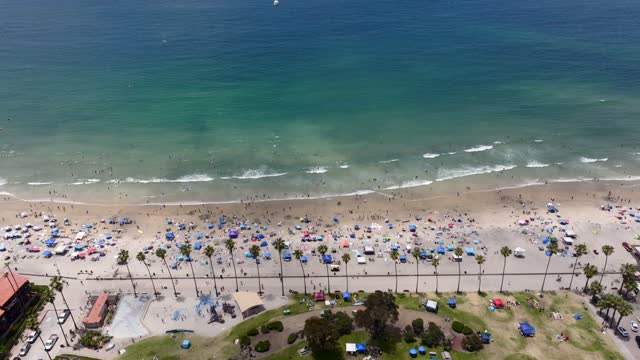 Aerial footage of a beach day at La Jolla Shores with crowds enjoying the sun | Drone Video – 2