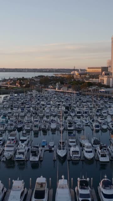 Aerial view of the USS Midway and Marina District of downtown San Diego during golden hour | Vertical Drone Video – 1