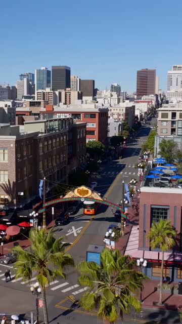 Aerial view of the Gaslamp Quarter sign and 5th Ave in downtown San Diego on a clear sunny day | Vertical Drone Video