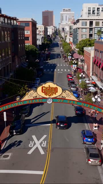 Aerial view of the Gaslamp Quarter sign and 5th Ave in downtown San Diego on a clear sunny day | Vertical Drone Video – 2