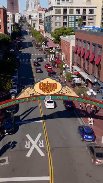 Aerial view of the Gaslamp Quarter sign and 5th Ave in downtown San Diego on a clear sunny day | Vertical Drone Video – 3
