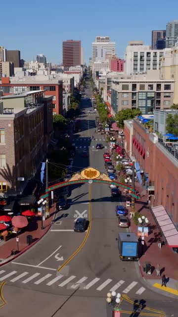 Aerial view of the Gaslamp Quarter sign and 5th Ave in downtown San Diego on a clear sunny day | Vertical Drone Video – 4