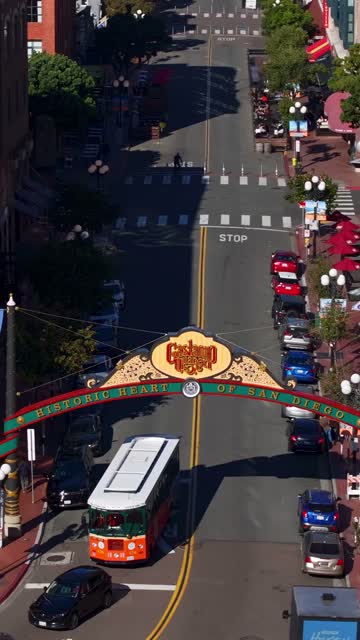 Aerial view of the Gaslamp Quarter sign and 5th Ave in downtown San Diego on a clear sunny day | Vertical Drone Video – 5