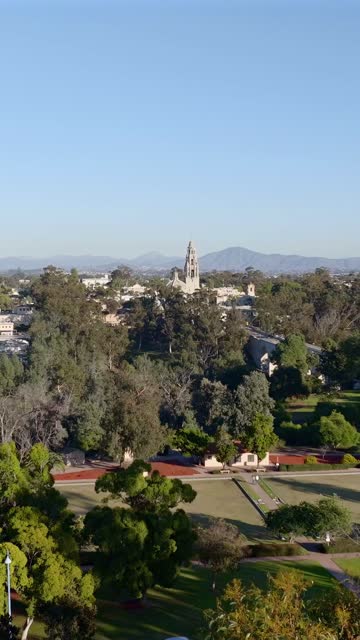Aerial view of a park, the buildings and open country in Balboa Park.