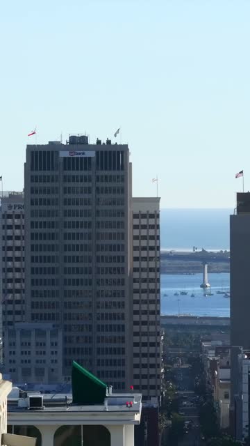 Elevated view of the downtown streets, the skyline and boats in Balboa Park.