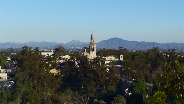 Low aerial view of a park, the buildings and open country in Balboa Park.