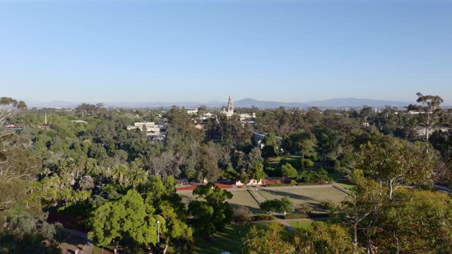 Aerial view of a park, the buildings and open country in Balboa Park.
