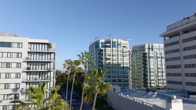 Low aerial view of the downtown streets, palm trees and homes at Bankers Hill.