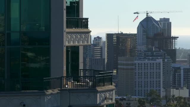 Elevated view of the downtown streets, the skyline and the buildings at Bankers Hill.