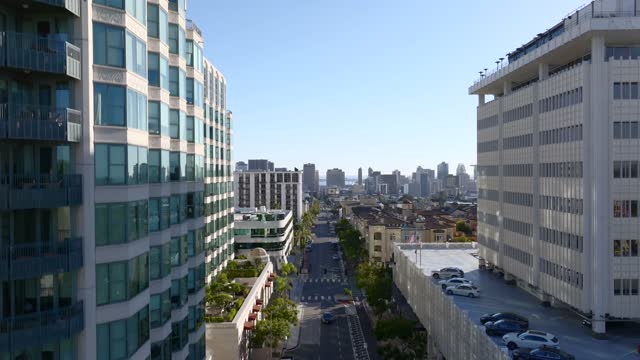 Low aerial view of the downtown streets, the skyline and palm trees at Bankers Hill.