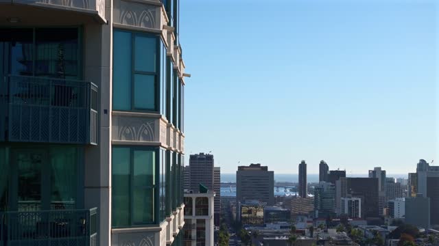 Aerial view of the downtown streets, the skyline and the bay at Bankers Hill.