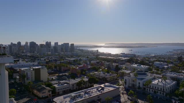 Low aerial view of the downtown streets, the skyline and boats at Bankers Hill.