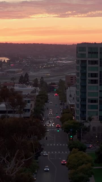 Low aerial view of the downtown streets, palm trees and homes at Bankers Hill.