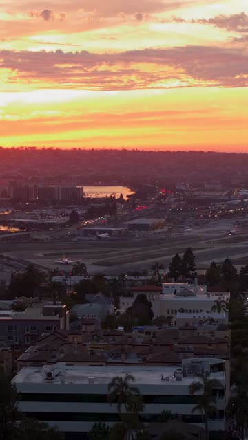 Aerial view of the downtown streets, palm trees and the bay at Bankers Hill.