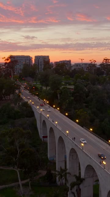 Low aerial view of a park, the bridge and the buildings at Bankers Hill, with people walking.