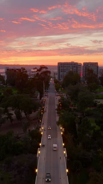 Low aerial view of a park, the bridge and the bay at Bankers Hill, with people walking.