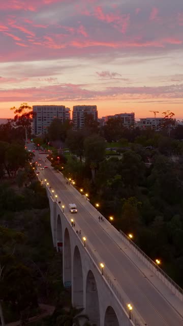 Low aerial view of a park, the bridge and the buildings at Bankers Hill, with people walking.