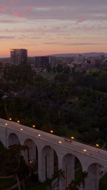 Aerial view of a park, the bridge and the buildings at Bankers Hill, with people walking.