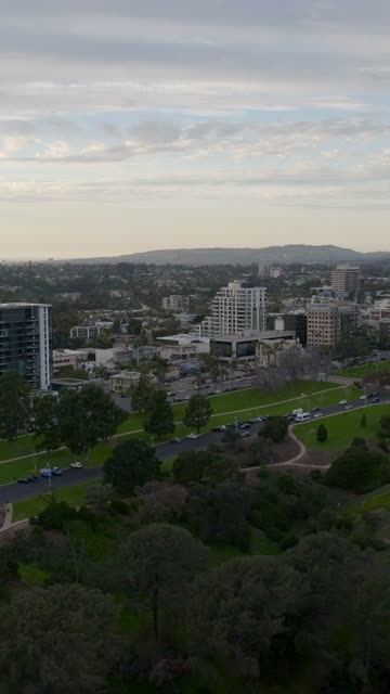 Aerial view of the downtown streets, the skyline and homes at Bankers Hill.