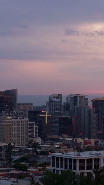 Aerial view of the downtown streets, the skyline and the buildings at Bankers Hill.