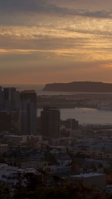Aerial view of the downtown streets, the skyline and the bay at Bankers Hill.