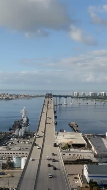 Aerial view of the harbor, the bridge and boats in Barrio Logan.