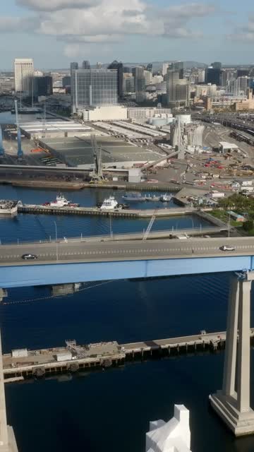 Aerial view of the harbor, the bridge and the skyline in Barrio Logan.