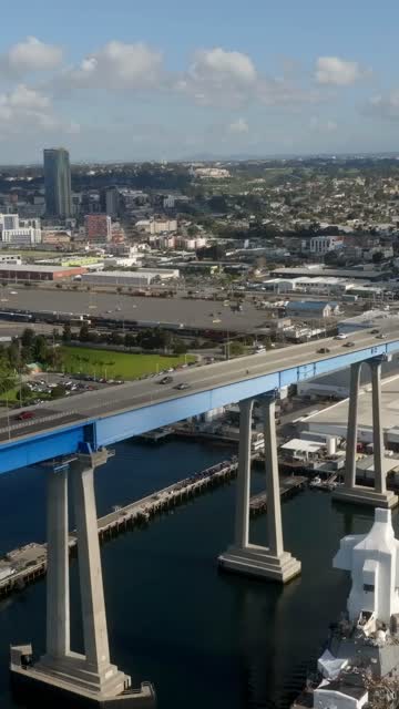 Aerial view of the harbor, the bridge and boats in Barrio Logan.