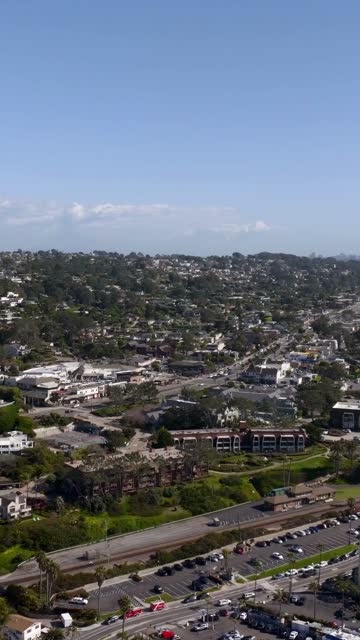 Aerial view of a residential street, palm trees and homes at Powerhouse Park.