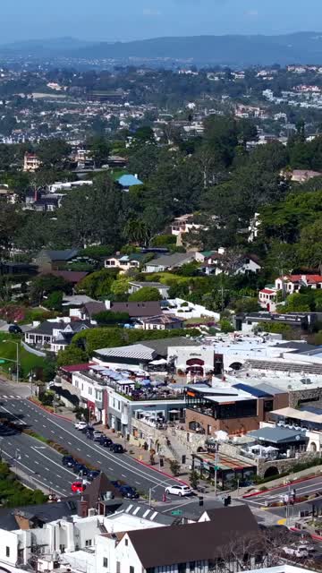 Aerial view of a residential street, homes and the buildings in Del Mar.