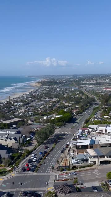 Aerial view of a residential street, the surf and the ocean in Del Mar.