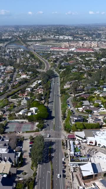 Aerial view of a residential street, homes and traffic in Del Mar.