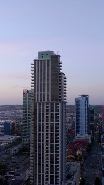 Aerial view of the downtown streets, the skyline and the buildings at Columbia.
