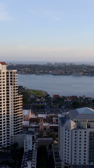 Aerial view of the downtown streets, the skyline and the bay at Columbia.